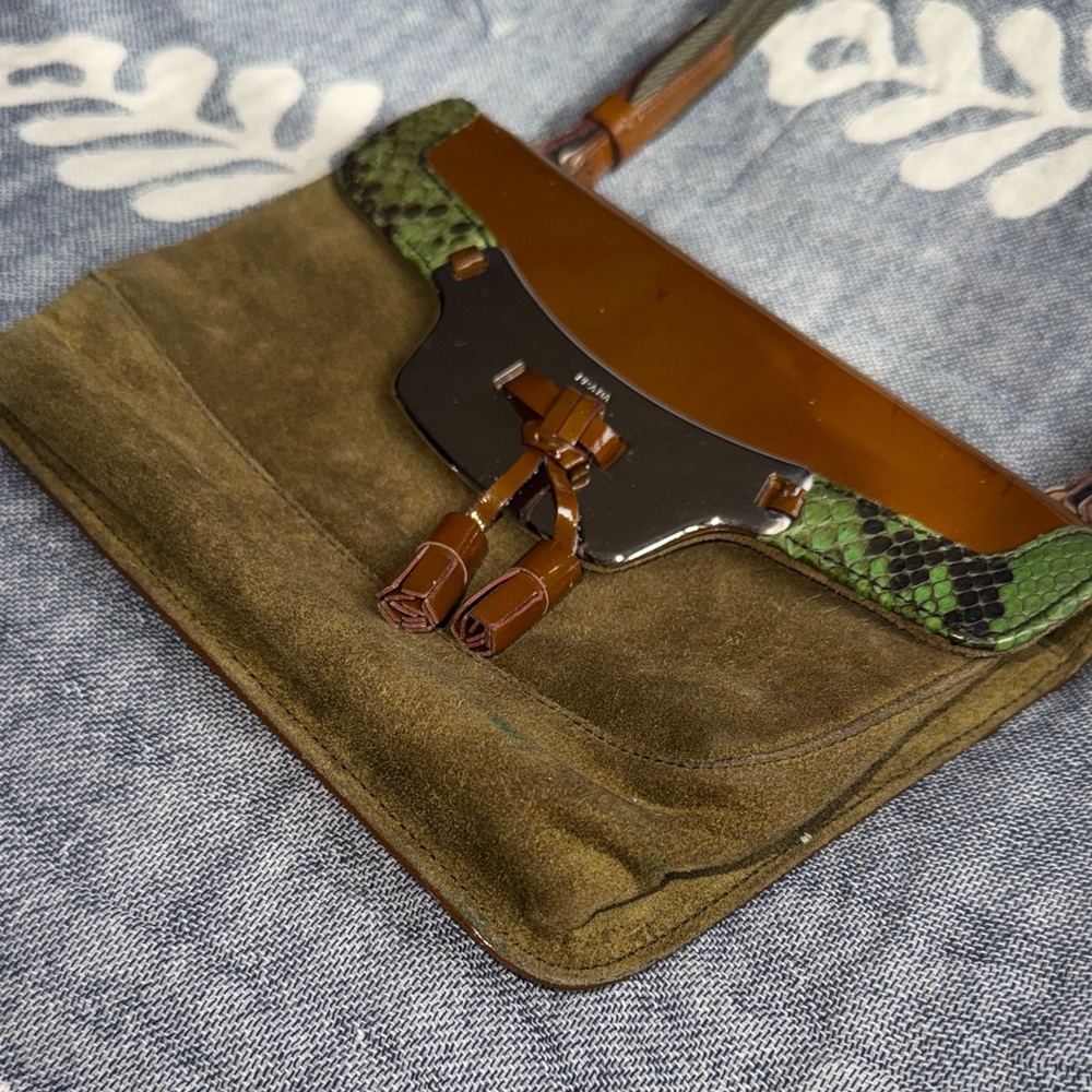 Olive Green Suede Prada Python Shoulder Bag - image 3